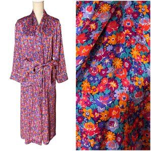 Liberty of London silk floral robe size M medium pink purple blue long pockets